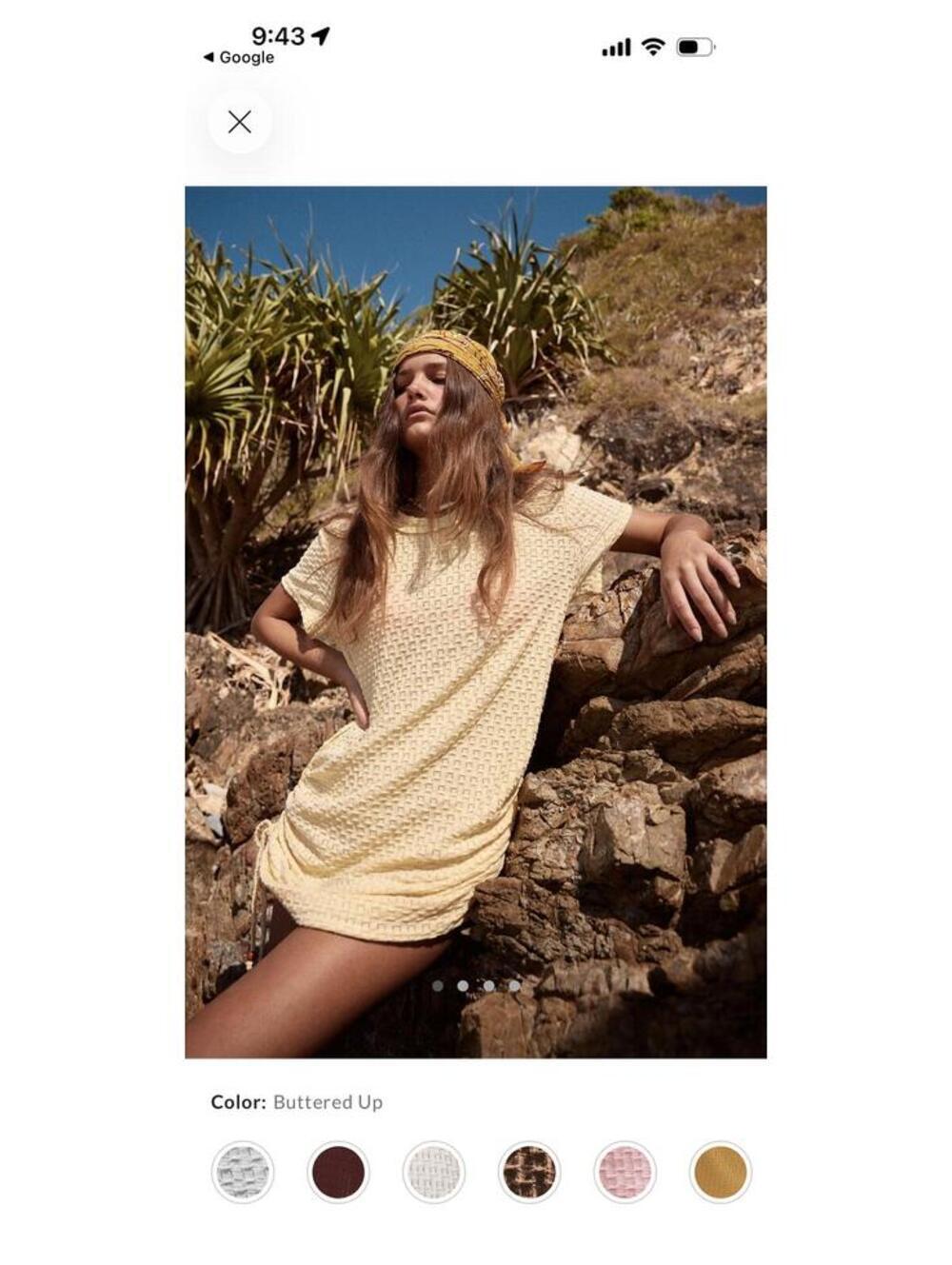 FP Beach butter Yellow Textured Short Sleeve coverup Dress with Ruched ties S